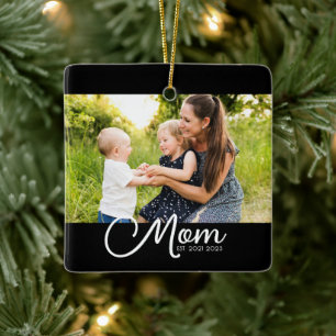Mom Established Black White Script Photo Ceramic Ornament
