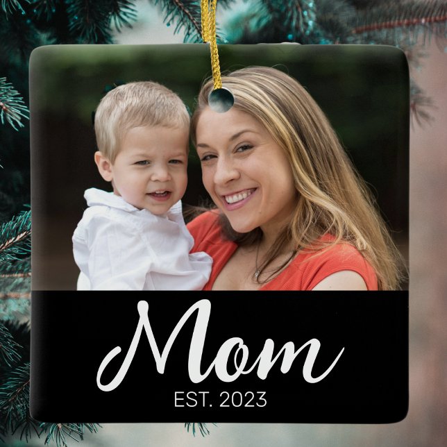 Mom Established Black White Script Photo Ceramic Ornament (Creator Uploaded)