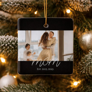 Mom Established Black White Script Photo  Ceramic Ornament