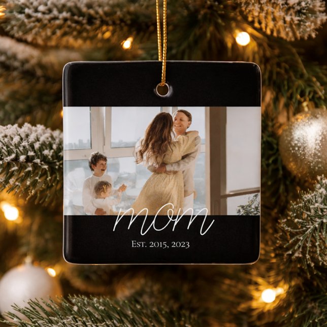Mom Established Black White Script Photo  Ceramic Ornament (Creator Uploaded)