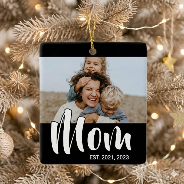 Mom Established Black White Script Photo Ceramic Ornament (Mom Established Black White Script Photo Ceramic Ornament)