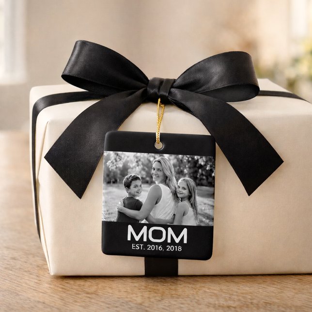 Mom Established Black White Script Photo  Ceramic Ornament (Creator Uploaded)