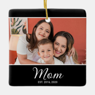 Mom Established Black White Script Photo Ceramic Ornament