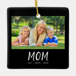 Mom Established Black White Script Photo Ceramic Ornament