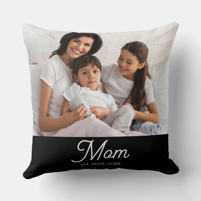 Mom Established Black White Script Photo Cushion (Back)
