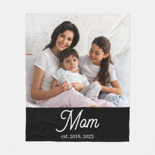 Mom Established Black White Script Photo Fleece Blanket