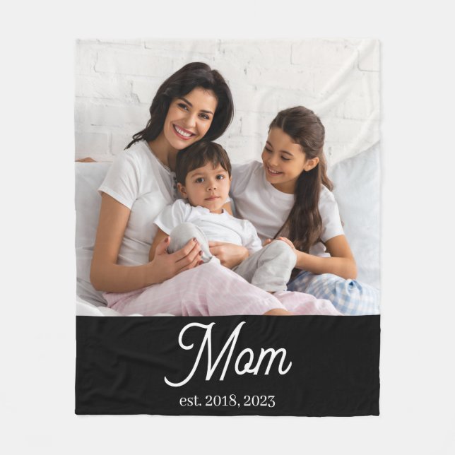 Mom Established Black White Script Photo Fleece Blanket (Front)