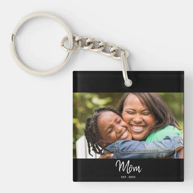 Mom Established Black White Script Photo Key Ring (Front)