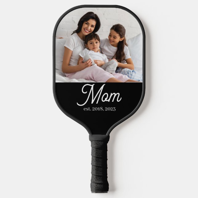 Mom Established Black White Script Photo Pickleball Paddle (Front)