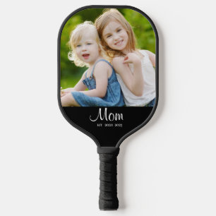 Mom Established Black White Script Photo Pickleball Paddle