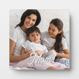 Mom Established Black White Script Photo Plaque