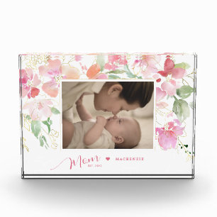 Mom Established Blush Pink Floral Watercolor Photo Block