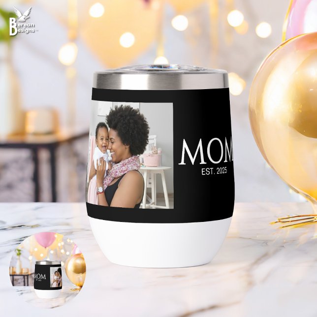 Mom Established Caps Black Photo (Mom Established wine tumbler with customizable photo and text. Ideal new mom gift Matching available)