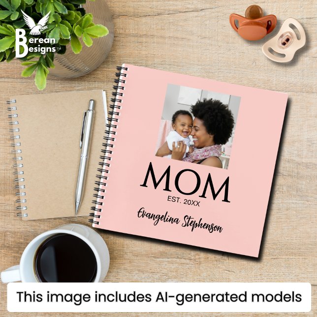 Mom Established Caps Pink Journal for Moms (Pretty blush pink MOM ESTABLISHED photo journal with custom name and year. Ideal Mother's Day gift.)