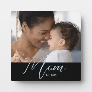 Mom Established Custom Blue Modern Script Photo Plaque