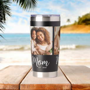 Mom Established Date 3 Photo White Script on Black Insulated Tumbler