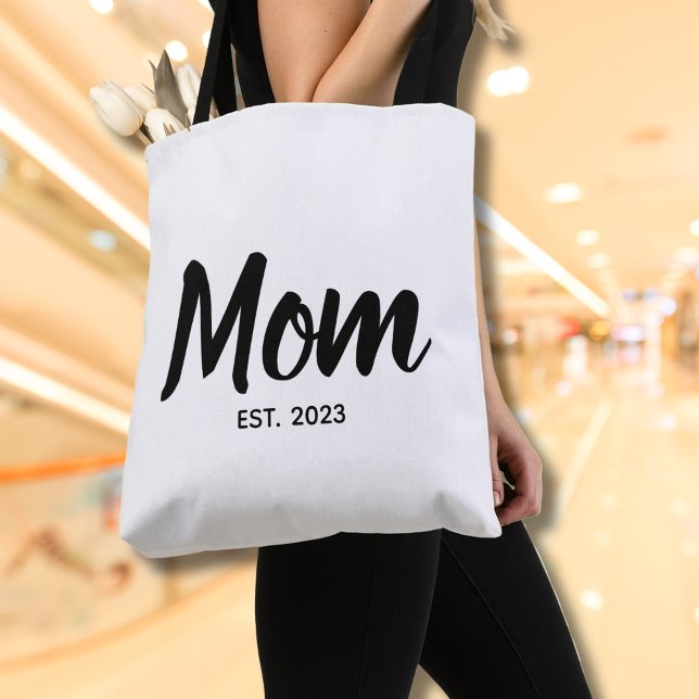  Mom Established Date Black Script Custom Text Tote Bag (Personalize with year(s).  Matching items available in collection)
