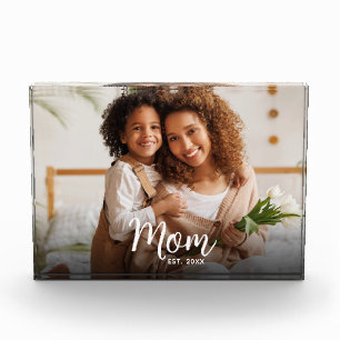 Mom Established Date Custom White Script Modern Photo Block