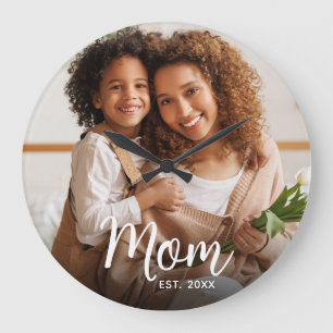 Mom Established Date White Script Custom Photo Large Clock