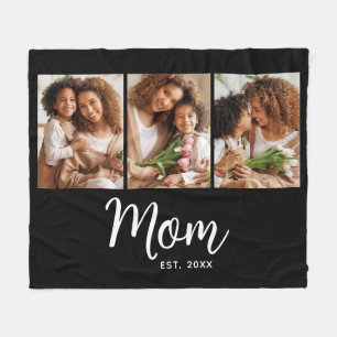Mom Established Date White Script on Black 3 Photo Fleece Blanket