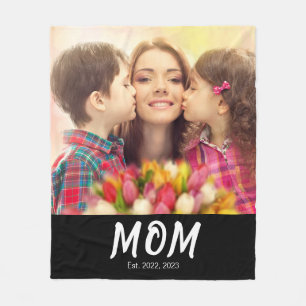 Mom Established Elegant Bold Font Black Photo Fleece Blanket