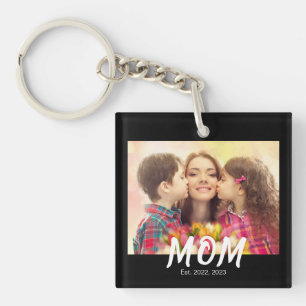 Mom Established Elegant Bold Font Black Photo Key Ring
