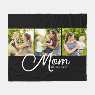 Mom Established Elegant Script Black 3 Photo Fleece Blanket