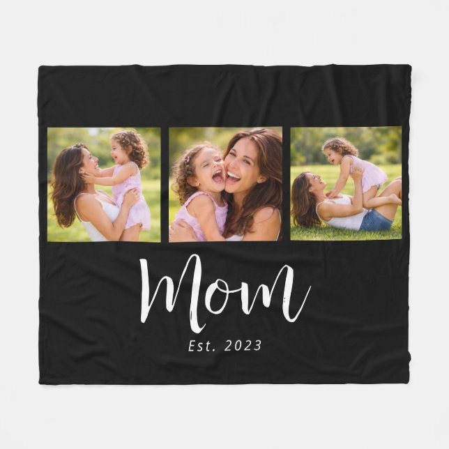 Mom Established Elegant Script Black 3 Photo Fleece Blanket (Front (Horizontal))