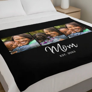Mom Established Elegant Script Black 3 Photo Fleece Blanket