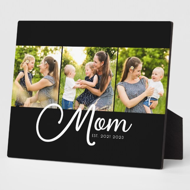 Mom Established Elegant Script Black 3 Photo  Plaque (Side)