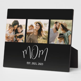Mom Established Elegant Script Black 3 Photo Plaque