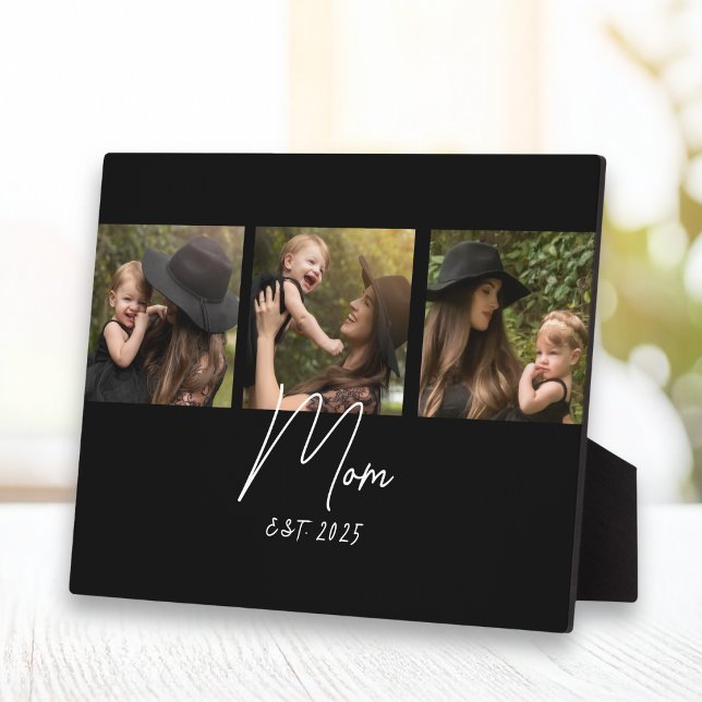 Mom Established Elegant Script Black 3 Photo Plaque (Creator Uploaded)