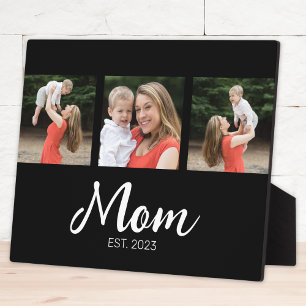 Mom Established Elegant Script Black 3 Photo Plaque