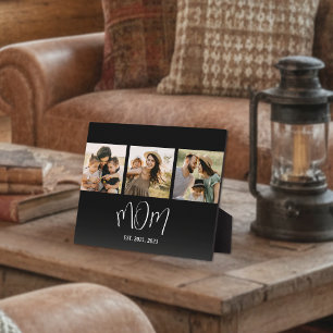 Mom Established Elegant Script Black 3 Photo Plaque