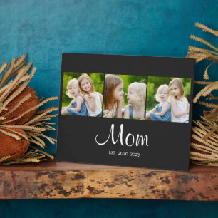 Mom Established Elegant Script Black 3 Photo Plaque