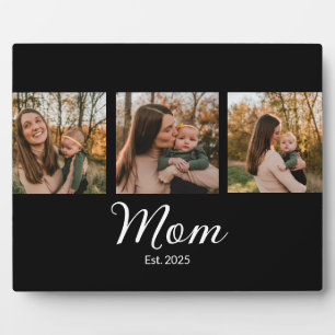 Mom Established Elegant Script Black 3 Photo Plaque