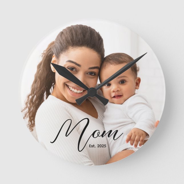 Mom Established Modern Black Script Photo Round Clock (Front)