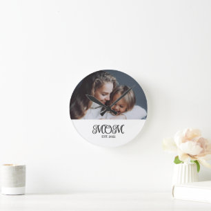 Mom Established Modern Black Script Photo Round Clock