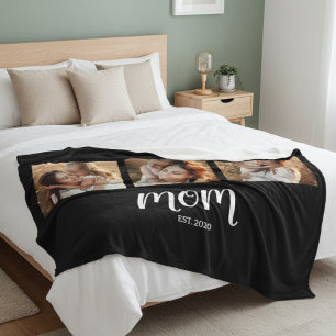 Mom Established Modern Bold Script Black 3 Photo Fleece Blanket