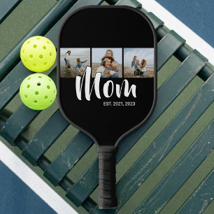Mom Established Modern Bold Script Black 3 Photo Pickleball Paddle