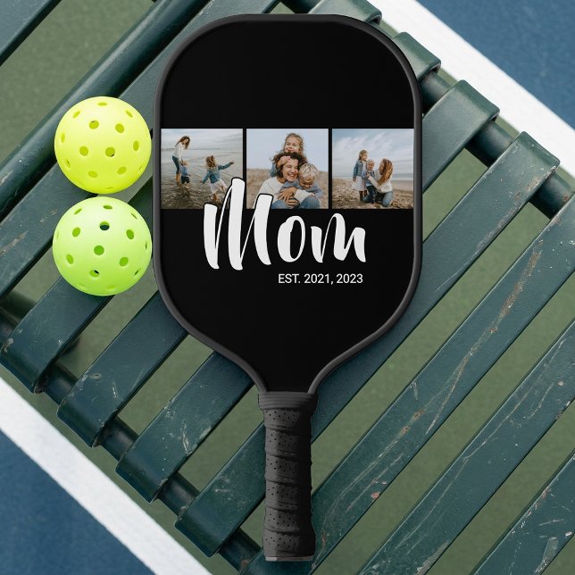 Mom Established Modern Bold Script Black 3 Photo Pickleball Paddle (Mom Established Modern Bold Script Black 3 Photo Pickleball Paddle)