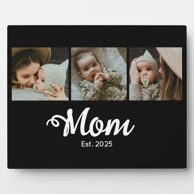 Mom Established Modern Bold Script Black 3 Photo Plaque (Front)