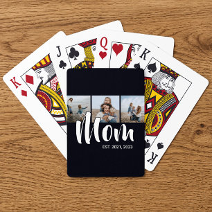 Mom Established Modern Bold Script Black 3 Photo Playing Cards