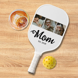 Mom Established Modern Bold Script White 3 Photo Pickleball Paddle