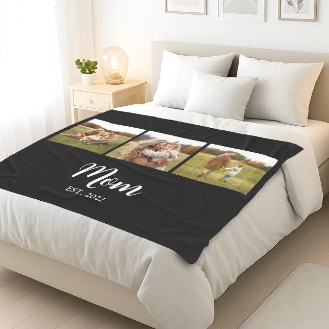 Mom Established Modern Script 3 Photo Black Fleece Blanket (Mom established script text with 3 favorite photos of mom)