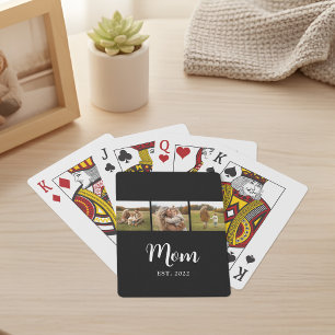 Mom Established Modern Script 3 Photo Black Playing Cards