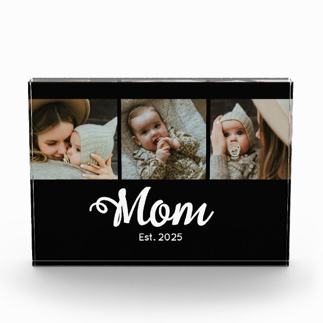Mom Established Modern Script Black 3 Photo Block (Front)