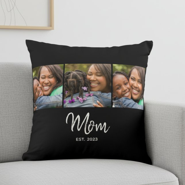 Mom Established Modern Script Black 3 Photo Cushion (Creator Uploaded)