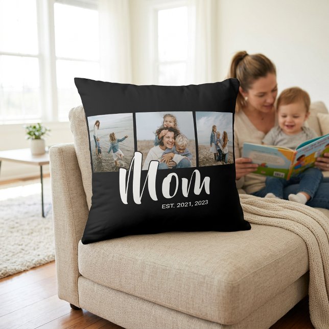 Mom Established Modern Script Black 3 Photo Cushion (Mom Established Modern Script Black 3 Photo Throw Pillow)