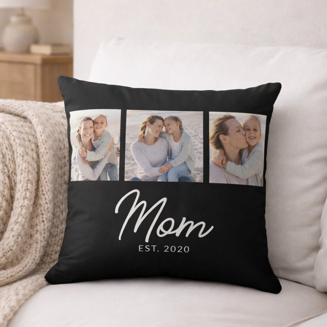 Mom Established Modern Script Black 3 Photo Cushion (Creator Uploaded)